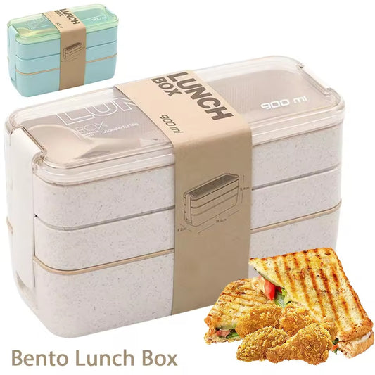 900ml Bento Box for Kids 3 Stackable Lunch Box Leak-proof Portable Lunch Food Container Wheat Straw Food Storage Box Dishwasher